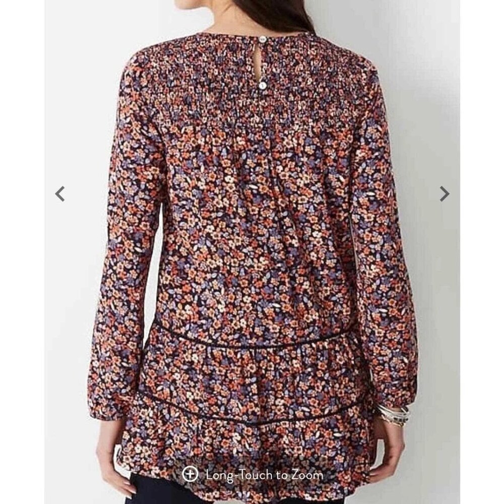 J Jill Printed Tiered Tunic Floral Size XS Navy Blue A-Line Smocked Long Sleeve - Picture 5 of 9